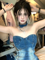 LIZAKOSHT - Sexy Party Birthday Dress for Women Sleeveless Strapless Irregularity Patchwork Summer Denim Midi Long Dresses Clubwear