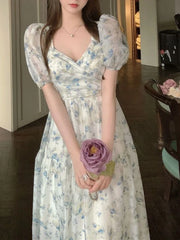 LIZAKOSHT - Korean Floral Dress Women Elegant Square Collar Woman Dresses Fashion Puff Sleeve Holiday Dresses Ladies Fairy Sundress Vestidos