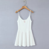 LIZAKOSHT - Sexy White Rib Knitted Cotton Low Waist Sling Dress Women Bow V neck Ruched A-lined Swing Short Dresses Summer Vestidos Robe