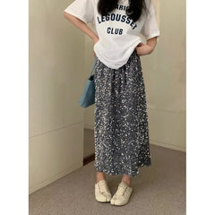 LIZAKOSHT - Spring Straight Back Split Pink Sequin Skirt Women A Line Vintage Wrap Hip Midi Faldas Jupe s Long Y2k