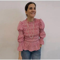 LIZAKOSHT  -  Plaid Pleated Long Sved Flared Slim Fit Women's irt Polyester Fabric round Ne Long Sve European Sle Spring