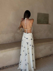 LIZAKOSHT - Sexy Printed Halter Long Dresses Women Fashion Sleeveless Backless High Waist Slim Maxi Dress 2025 Lady Summer Chic Casual Robes