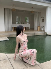 LIZAKOSHT - 2024 Pink Floral Black Butterfly Flutter Dress Elegant Slim Fishtail Sheath Dress