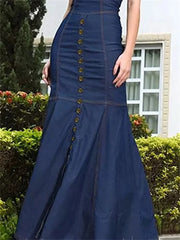 LIZAKOSHT - Korean Fashion Denim Blue Bodycon Long Dresses Women Summer Short Sleeves Buttoned O-Neck Casual Commute Office Dress