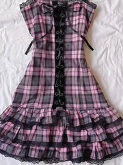 LIZAKOSHT - Japanese Dresses Slim Y2k Plaid Sexy Goth Punk Harajuku Vintage Lace Women's Dress Elegant Backless Emo Chic Skirt 90s Hot Girl