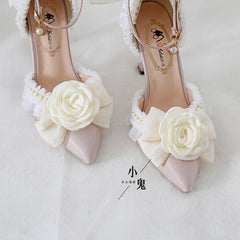 LIZAKOSHT - Lolita Elegant Camellia Lo Shoes Flower Wedding High Heels Sweet Sandals Bowtie Lace Lolita Girls Tea Party Single Shoes