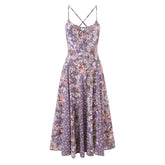 LIZAKOSHT - Holiday Purple Paisley Floral Print Sling Dress Women Bow O neck Cross bandage Back Zipper Low Waist Swing Dresses Vestidos Robe