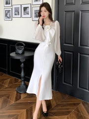 LIZAKOSHT  -  Elegant Princess Solid Mermaid Dress for Women Long Sleeve Floral V-neck High Waist Split Vestidos Vintage French Party Clothing