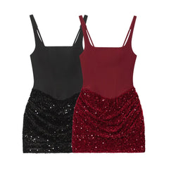 LIZAKOSHT - Women Sleeveless Draped Sequin Corset Mini Dress Burgundy