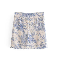 LIZAKOSHT - High Waist Chiffon Harajuku Back Zipper Female Mini Skirts Summer 2024 Blue Floral Print Women A-Line Skirts Streetwear Elegant