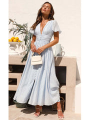 LIZAKOSHT V-neck Yellow Puff Sleeve Split Solid Summer Women Dress 2024 A-line Maxi Long Sundress Vestido Button Beach Dress Party