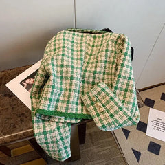 LIZAKOSHT  -  New Korean Tweed Jacket Vintage Green Outerwear Spring Autumn Women Coat Cropped Jacket Long Sleeve Button Turndown Collar Suit