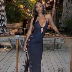 LIZAKOSHT - Women's Slim Fit Hanging Neck Hollow Long Dress Spring/Summer New Sexy Spicy Girl Dress