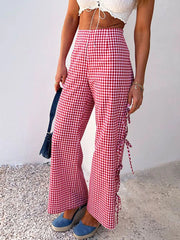 LIZAKOSHT - Women Wide-Leg Pants Plaid Side Tie-Up Hollow-Out Loose Trousers Spring Summer Casual Sweatpants Bottoms Leisure Daily