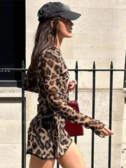 LIZAKOSHT - Chic Sexy Leopard Print Mini Dress For Women Simple Round Neck Long Sleeves Slim Vestidos 2024 Female Fashion High Streetwear