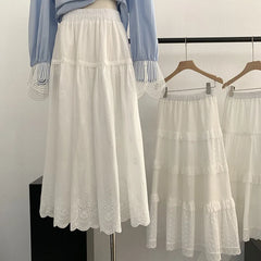 LIZAKOSHT - Embroidery Art Skirt Women Elastic High Waist Temperament Splicing Medium Long Solid Color Skirt Tide 7353