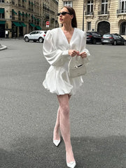 LIZAKOSHT - Solid Satin Women Mini Dresses Elegant V Neck Long Lantern Sleeve High Waist Female Short Dress Autumn New Fashion Lady Vestidos