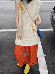LIZAKOSHT - A Two-piece Set Casual Sleeveless Embroidered Top and High-waisted Wide-leg Pants Japanese Style Lazy Tanks Women's Clothing