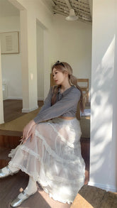 LIZAKOSHT - Kawaii Lace Mesh Long Skirt Women Summer 2024 Sexy Beach Sweet Cute Party Korean Fashion Lady Skirt Y2k