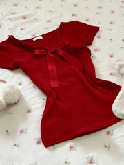 LIZAKOSHT - New Year Red Sweet Outfit Lace Korean-Style Elegant Bow Short-Sleeve T-Shirt Women New Casual Slim Fit Waist Tops Spring