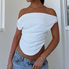 LIZAKOSHT - Elegant Women's Clothing Off Shoulder Slash Neck Solid Irregular Pleated Summer Daily T-shirt Sleeveless Y2k Slim Tops