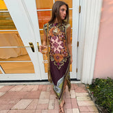 LIZAKOSHT - Women Dress Floral Print Fringe Midi Dresses Burgundy Sleeveless High Neck Asymmetrical Hem Party Dress Summer Woman Clothes