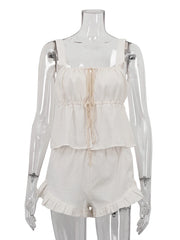 LIZAKOSHT - White Summer Ladies Sleepwear Suit Strap Pajamas Square Collar Nightie Lace Up Nightgowns Shorts Casual Nightwear Set