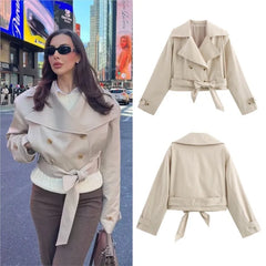 LIZAKOSHT - Fashion Simple Cropped Windbreaker Jackets Women New Spring Belt Long Sleeve Double Breasted Coats Solid Casual Short Coats