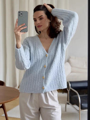 LIZAKOSHT - Furry Knitted Sweater Women Single Breasted Casual Solid V-neck Long Sleeve Loose Cardigans Autumn Soft Lady Tops Sweaters
