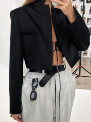 LIZAKOSHT  -  Woman Clothing Solid Black Short Blazers 2025 Autumn Office Lady Long Sleeve Cropped Tops Female Slim Outerwears Coats
