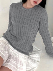 LIZAKOSHT - Vintage Gray Fried Dough Twists Round Neck Sweater Women's Basic Versatile Grey Long Sleeve Knitted Top