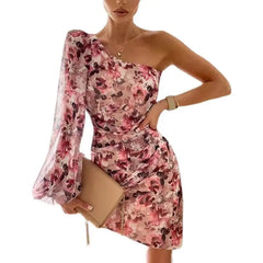 LIZAKOSHT - Faionable Retro Floral Print One oulder Sexy Bodycon Dr Women's Gown Svel Ele Draped Neline Evening Dr