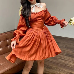LIZAKOSHT - Women Slim Waist Ball Gown Swing Full Sleeve Low Chest Robe Sexy Wood ears Ruched Bra Corset style Off Shoulder Mini Dress
