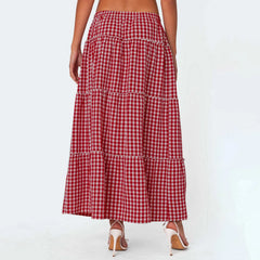 LIZAKOSHT - Vintage Plaid Maxi Skirts for Women Y2K Elastic Waist Side Slit Tiered Skirt Summer Flowy Gingham A Line Long Skirt