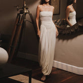 LIZAKOSHT - Extremely simple style strapless cool summer dress with vacation style pleated design micro perspective irregular long skirt