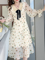 LIZAKOSHT - French Small Fresh Sweet Chiffon Print Dresses Women Spring Summer Flare Sleeve Fashion Peter Pan Collar Dress Female High Waist