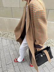 LIZAKOSHT  -  Women Checkered Coat Elegant Stand Collar Belted Long Loose Outerwear New Autumn Fashion Street Office Commute Lady Overcoat