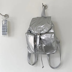 LIZAKOSHT - New Casual Silver Backpack Women Korean Flip Drawstring Large Capacity Backpacks Fashion Simple Travel College Student Bags