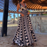 LIZAKOSHT - Women Pattern Print Big Swing A-line Dress All Match Female High Waist Long Dress Casual 2025 Suspender V Bohemian Dress Elegant