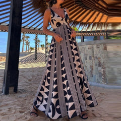 LIZAKOSHT - Women Pattern Print Big Swing A-line Dress All Match Female High Waist Long Dress Casual 2025 Suspender V Bohemian Dress Elegant