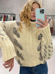 LIZAKOSHT - Elegant Turtleneck Women's Sweater Contrast Twist Knitted Pullovers Crocheted Knitwear Long Sleeved Top 2024 Autumn Loose Jumper