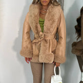 LIZAKOSHT - New Furry Trim Patchwork PU Leather Jackets Women Fashion Contrast Color Plush Collar Warm Cardigan with Belt Warm Outwear