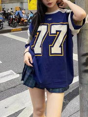 LIZAKOSHT - Blue Sports Oversized T Shirt Women Patchwork Raglan Short Sleeve Casual Tops American Football Summer Hip Hop Tshirts