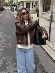 LIZAKOSHT  -  Women Solid Zipper Leather Jacket Fashion Patchwork Lapel Collar Long Sleeve Loose Overcoat Female Autumn High Street Outerwear