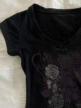 LIZAKOSHT - Y2k Aesthetic Flower Printing Women Grunge T-shirts Vintage Slim Harajuku Causal Black Tshirts 2024 Summer Bottoming Crop Tops