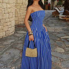 LIZAKOSHT - Women's Casual Pocket Summer Vacation Dress Sexy Strapless Sleeveless Waist Long Dress Striped Print Draped Pocket Elegant Dress