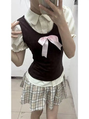 LIZAKOSHT  -  Japanese Casual Retro Slim 3-piece Set Women's Fashion Vintage Bow Puff Sleeve T-Shirts Female High-waist Plaid Short Skirt Suit