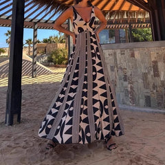 LIZAKOSHT - 2025 Elegant Geometric Pattern Printed Women Big Swing Long Dresses V Neck Sleeveless Strap Backless Bohemian Vacation Robe