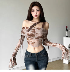 LIZAKOSHT - Summer Hot Girl Gothic Harajuku Brown Rose Printed Mesh Lace One Shoulder Long Sleeved T-shirt Fashion Punk Sexy Irregular Top