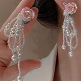 Lizakosht Korean Fashion Pink Resin Flower Pearl Tassel Dangle Earrings For Women Luxury Super Fairy Fresh Earring Jewelry